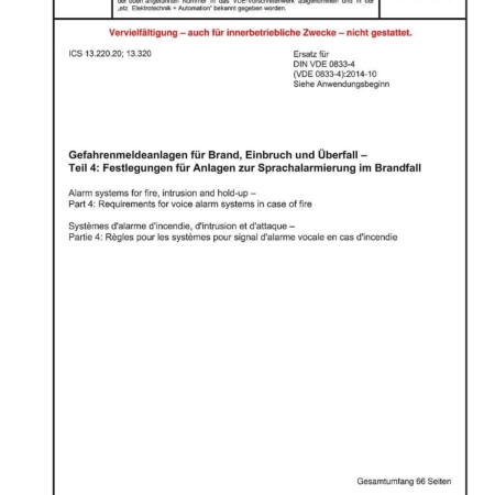Norm DIN VDE 0833-4:2024-06 Gefahrenmeldeanlagen für Brand, Einbruch und Überfall - Teil 4: Festlegungen für Anlagen zur Sprachalarmierung im Brandfall